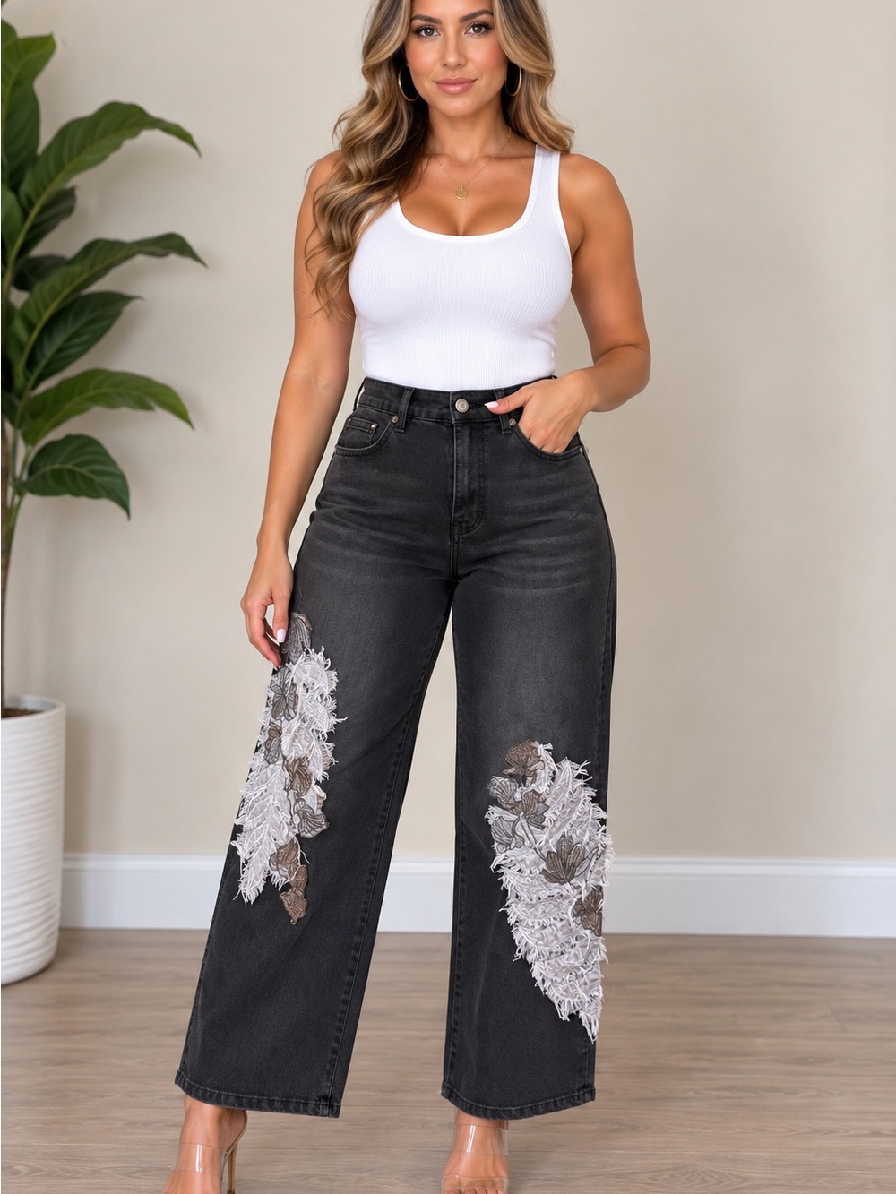 NWT DG2 Diane Gilman High-Waist Wide Leg Black Jeans w Floral Patch Detail